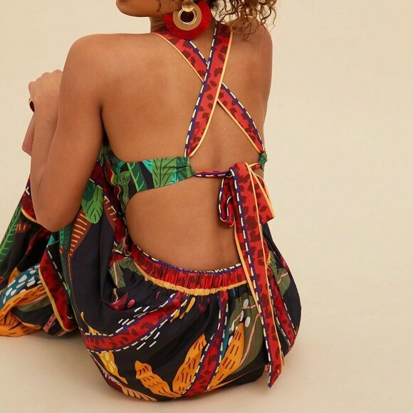 Black Boho Women's Palm Tree Print Strapless Hollow Out Dress - Picture 6 of 6